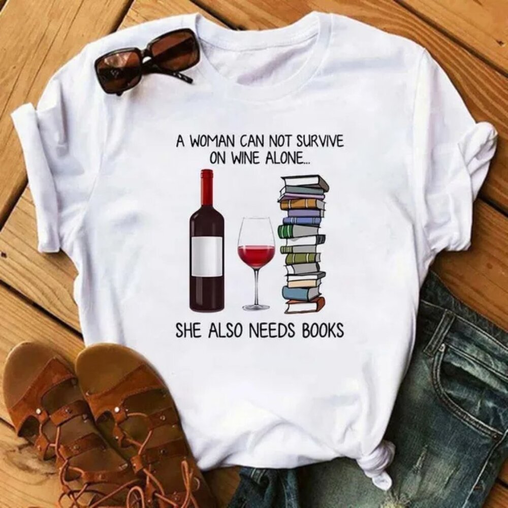 2/$45 Funny Wine and Books Graphic White Tee T-Shirt Loose Fit Book Lover Gift